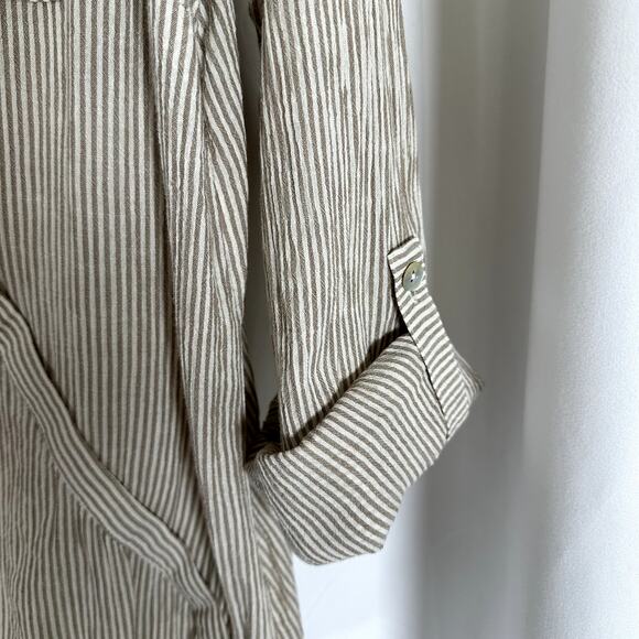 J.Jill Collared Tan Ticking Stripe Cotton Faux Wrap Front Shirt Size Medium - Picture 3 of 8